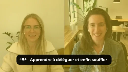 Photo de Katrina et Marie-Michèle qui présente l'épisode 040 du balado J'aime ta compagnie : Comment déléguer son marketing en 4 étapes. L'image est accompagnée du texte « Apprendre à déléguer et enfin souffler ».